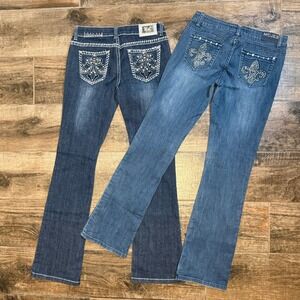 Miss Chic Y2K Rhinestone Fleur De Lis Denim Jeans Bundle, Dark & Med Wash, 7